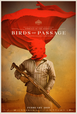 Poster for "Birds of Passage" showing a man with a red cloth wrapped around his face holding a gun
