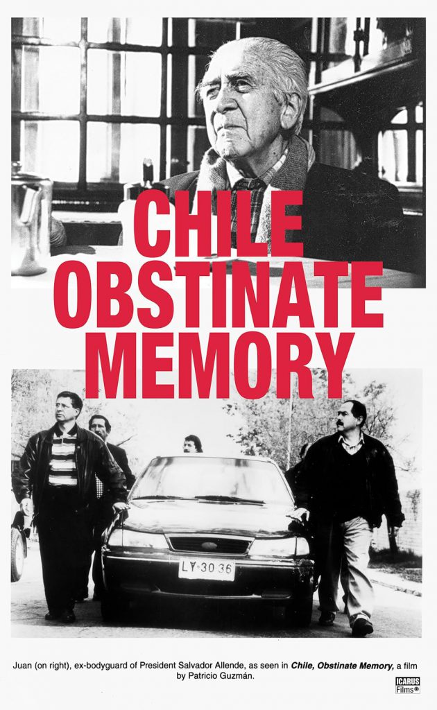 Poster for "Chile, Obstinate Memory" showing black and white photos of people