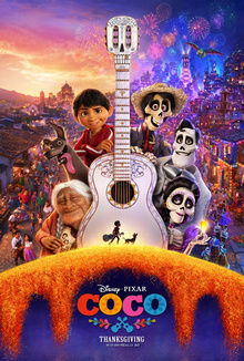 Poster for "Coco" showing a guitar separating a family between the land of the living and the land of the dead