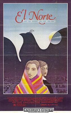 Poster for "El Norte" featuring artwork of two women in front of a city and the silhouette of a bird