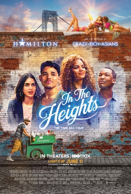 Poster for "In The Heights" showing portraits of the main cast as graffiti on a brick wall