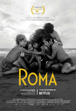 Poster for "Roma" showing a family embracing on a beach