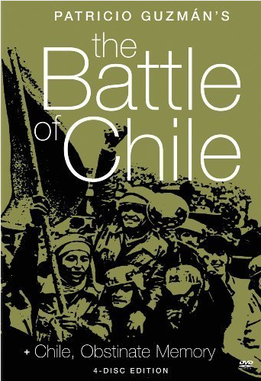 Poster for "The Battle of Chile" showing black and green artwork of Chileans raising up a flag