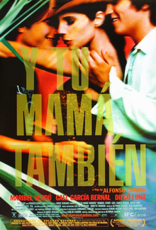 Poster for "Y tu mamá también" showing a woman dancing between two men
