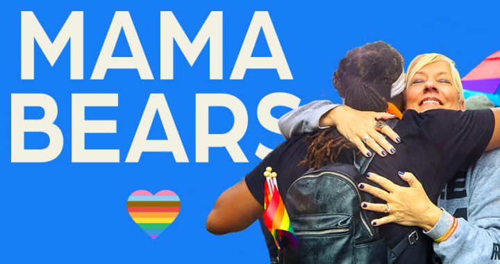Poster for "Mama Bears" featuring a middle-aged woman hugging a young person holding pride flags