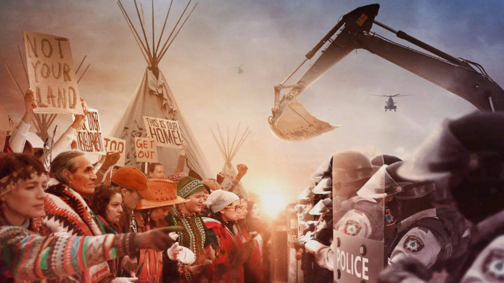 A promotional image for the film "Awake" featuring a group of indigenous activists facing off against police and heavy construction equipment
