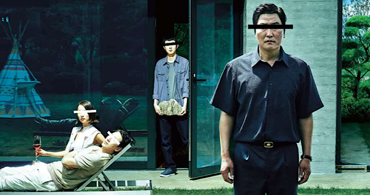 Promotional still for "Parasite" featuring various characters standing or lounging in an expensive backyard with their eyes covered by either a black or white bar
