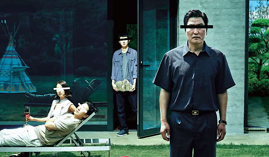 Promotional still for "Parasite" featuring various characters standing or lounging in an expensive backyard with their eyes covered by either a black or white bar