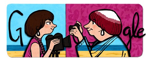 Google Doodle featuring Agnes Varda holding a camera in two different stages of her life