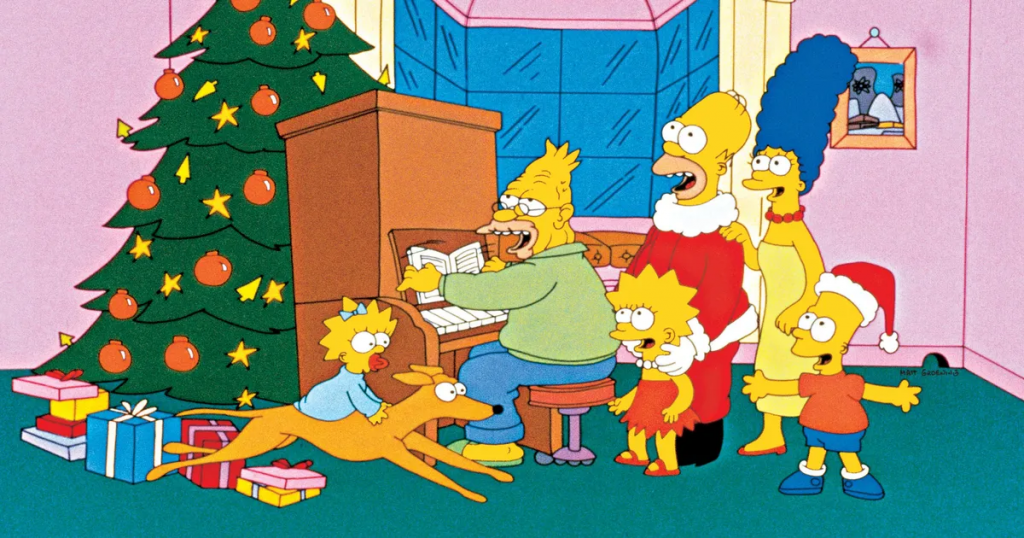 A still from "Simpsons Roasting on an Open Fire" featuring the Simpsons family singing in a living room decorated for Christmas