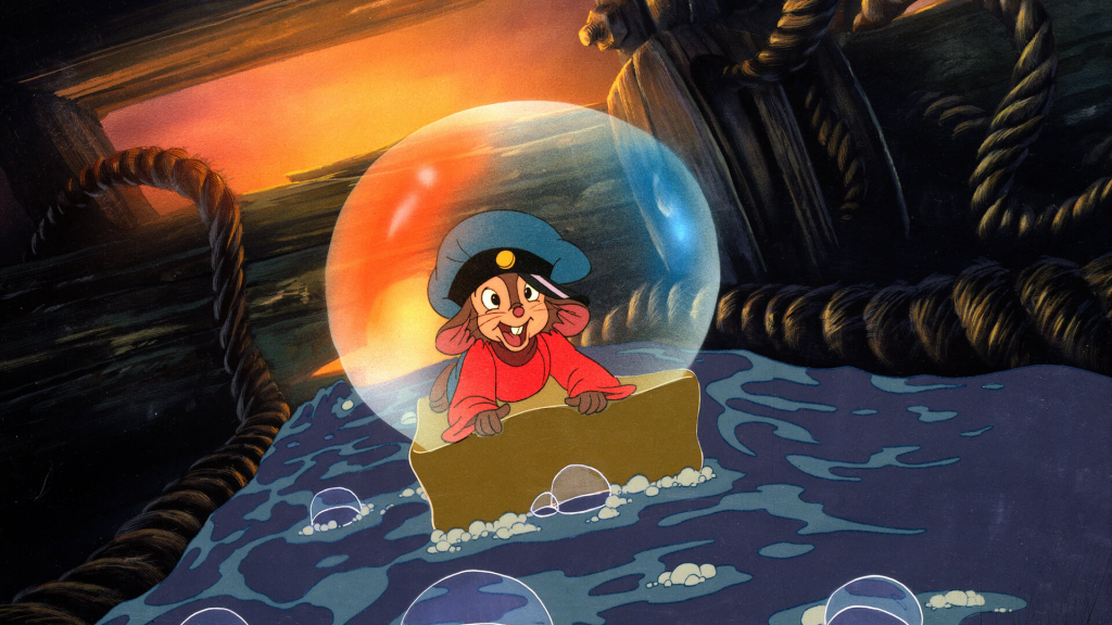 A still from "An American Tale" featuring a mouse riding a bar of soap through water