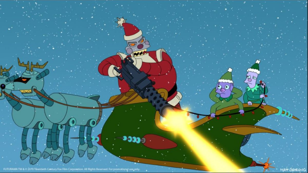 A still from "Bender's Big Score: A Futurama Feature" featuring a robot dressed as Santa firing a machine gun from a sleigh being pulled by robot reindeer