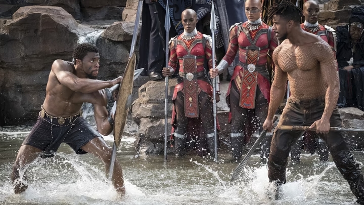 Still from "Black Panther" featuring two men in ritual combat