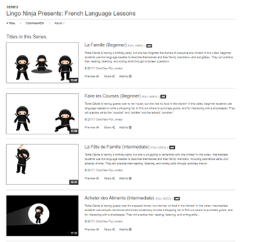 Screenshot of Films On Demand's French language lessons featuring a cartoon ninja