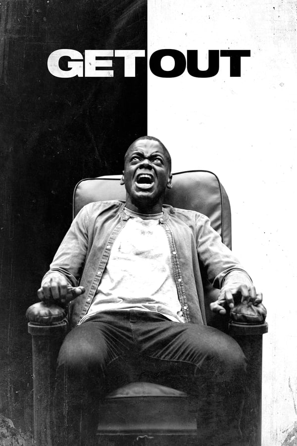 Poster for "Get Out" featuring a man yelling in fear and gripping the arms of a chair
