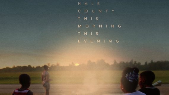 Promotional image from "Hale County This Morning, This Evening" featuring children looking off at the sunset behind a line of trees