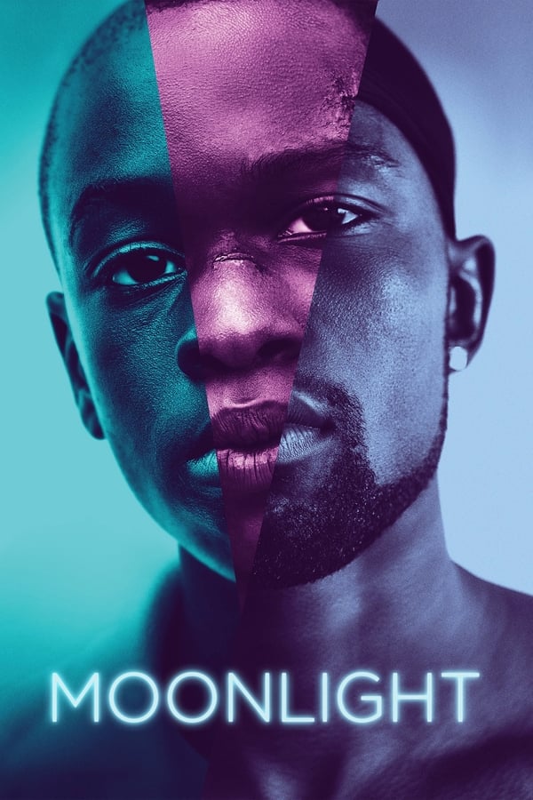 Poster for "Moonlight" featuring a portrait three portraits from different stages of life spliced together