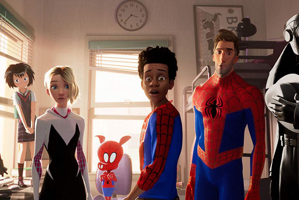 Still from "Spider-Man: Into the Spider-Verse" featuring six different Spider-People