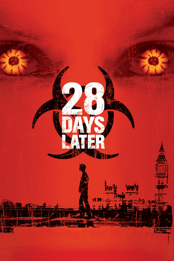 Poster for "28 Days Later" featuring a silhouette of a man walking past a city with a red background made up of a face with orange eyes