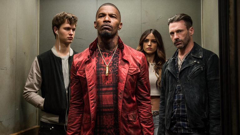Still from "Baby Driver" featuring four adults in an elevator