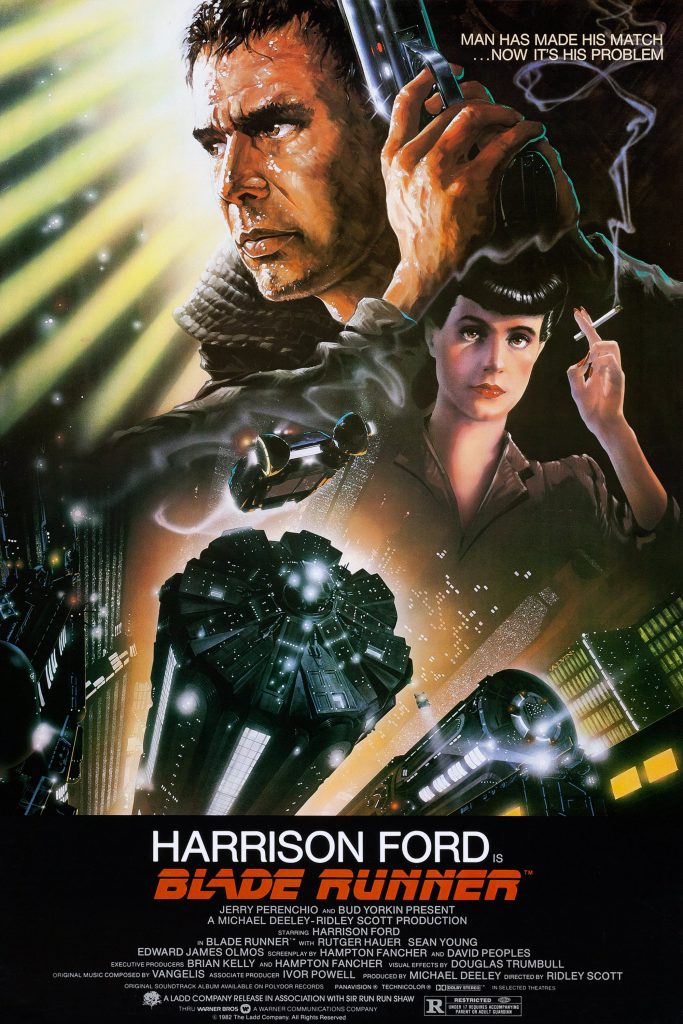 Poster for "Blade Runner" featuring an illustration of a man with a gun, a woman with a cigarette, and a futuristic cityscape