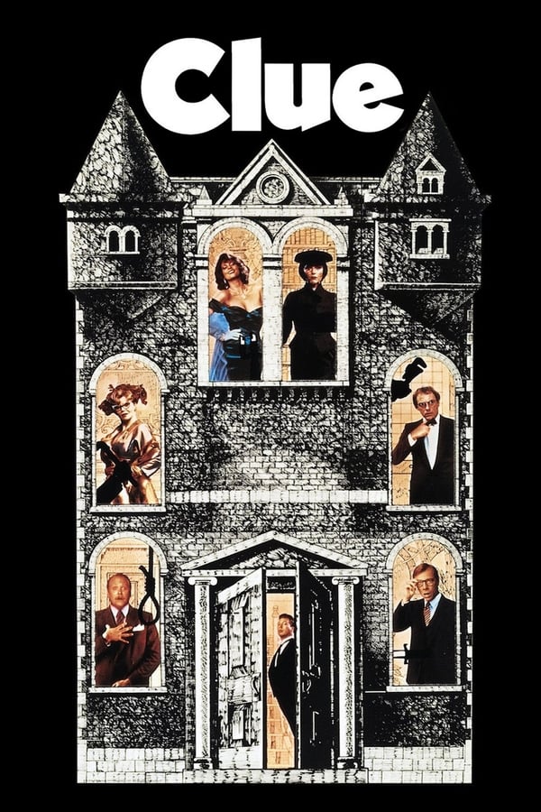 Poster for "Clue" featuring well-dressed people standing in the windows of an old-fashioned manor