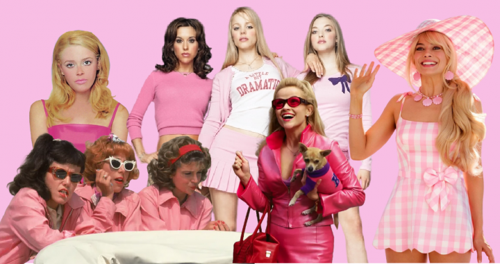A group of female movie characters dressed in pink in front of a pink background