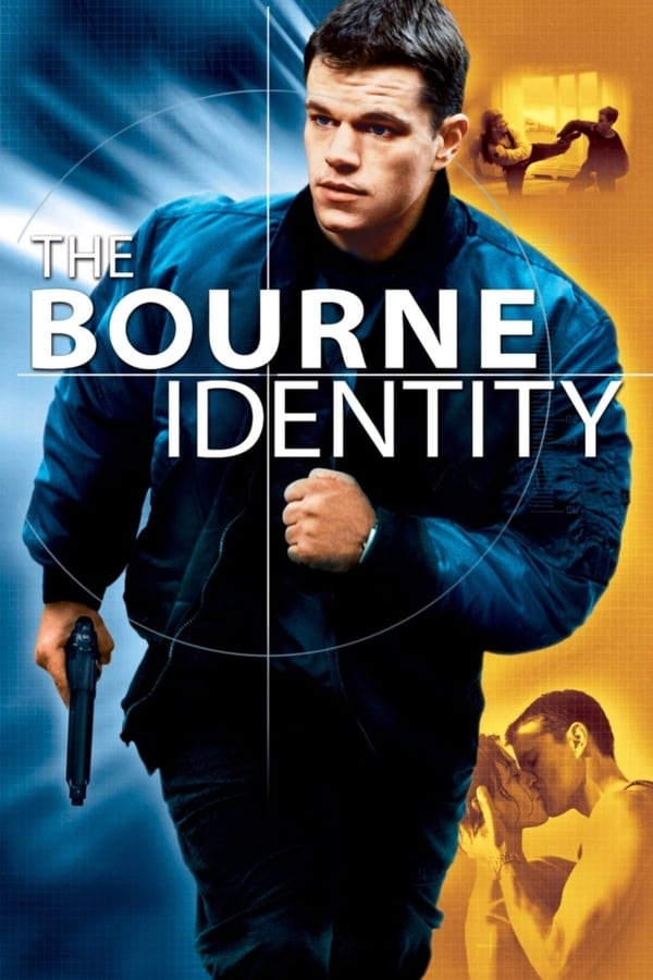 Poster for "The Bourne Identity" featuring a man with a gun running in front of a two-tone blue and orange background