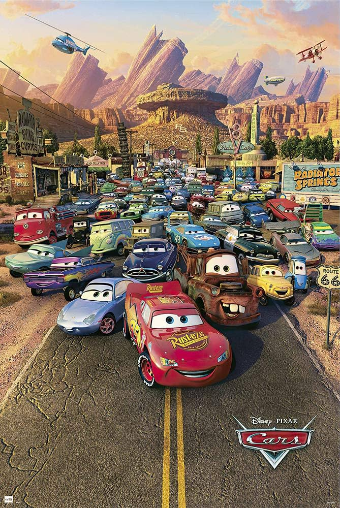 Poster for "Cars" featuring a large crowd of cars led by a bright red racecar in front of a mountainous desert background