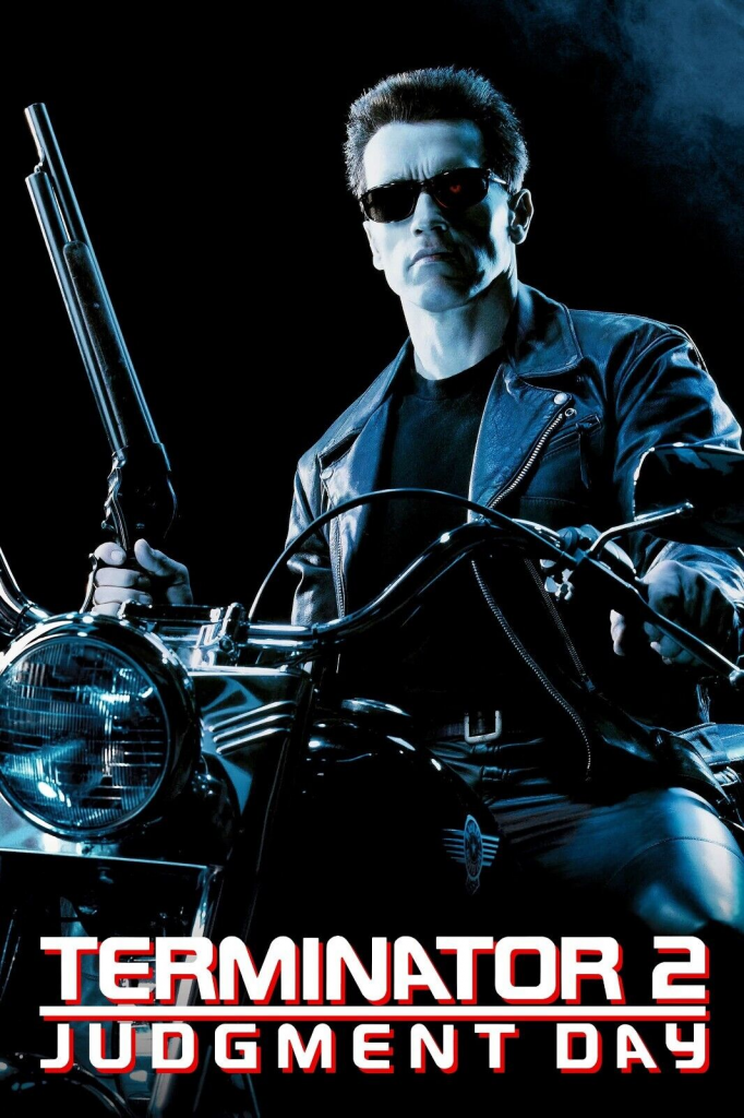 Poster for "Terminator 2" featuring A man in a leather jacket and sunglasses holding a gun while sitting on a motorcycle and glaring into the camera