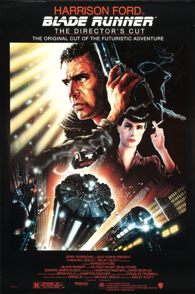 Poster for "Blade Runner" featuring an illustration of a man with a gun, a woman with a cigarette, and a futuristic cityscape
