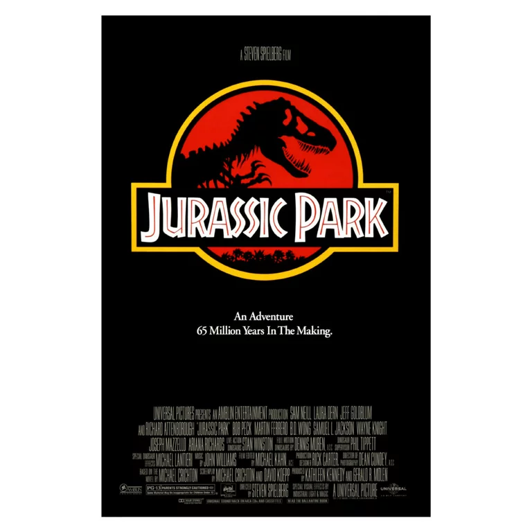 Poster for "Jurassic Park" featuring the title in front of a red circle with the silhouette of a T-Rex skeleton inside