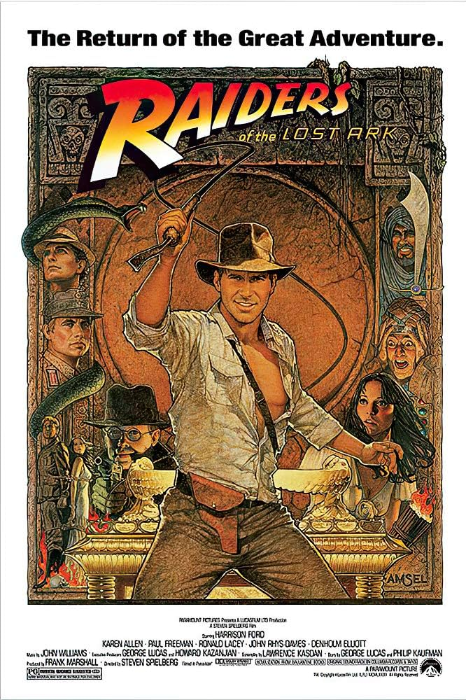 Poster for "Raiders of the Lost Ark" featuring a man with a fedora and whip in front of a ring of faces