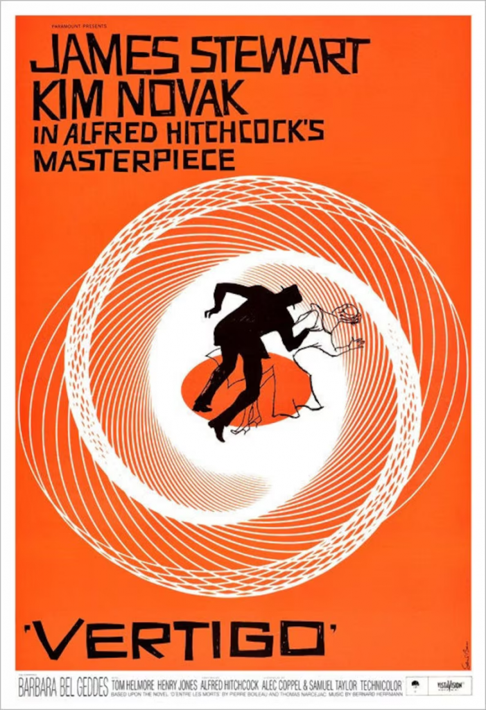 Poster for "Vertigo" featuring an illustration of a man and woman falling in the middle of a white spiral on a bright orange background