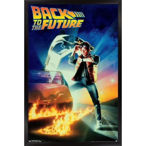 Poster for "Back to the Future" featuring a young man making a shocked expression at his watch as he steps out of a flaming DeLorean sports car
