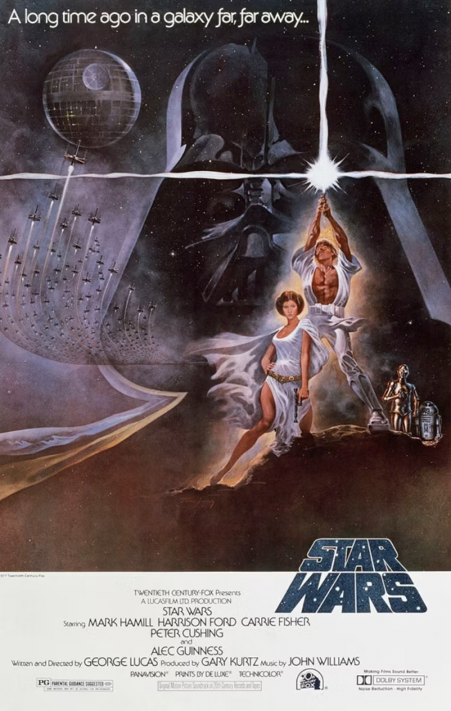 Poster for "Star Wars" featuring an illustration of a man and woman in white posing in front of a man in a black mask and helmet with spaceships in the background