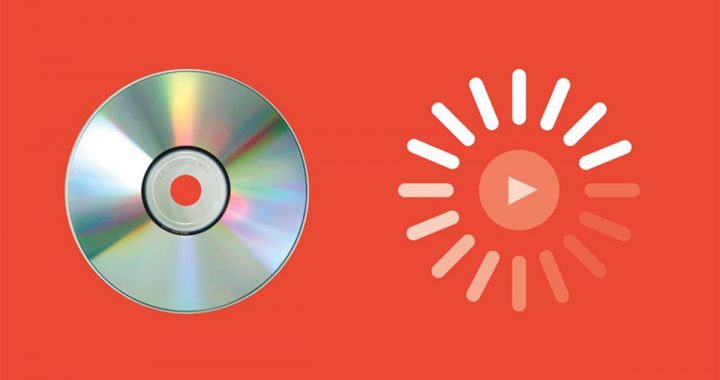 A blank DVD appears to the left of a faded buffering symbol with a play button in the middle of the symbol. Both the DVD and symbol appear on a bright red background