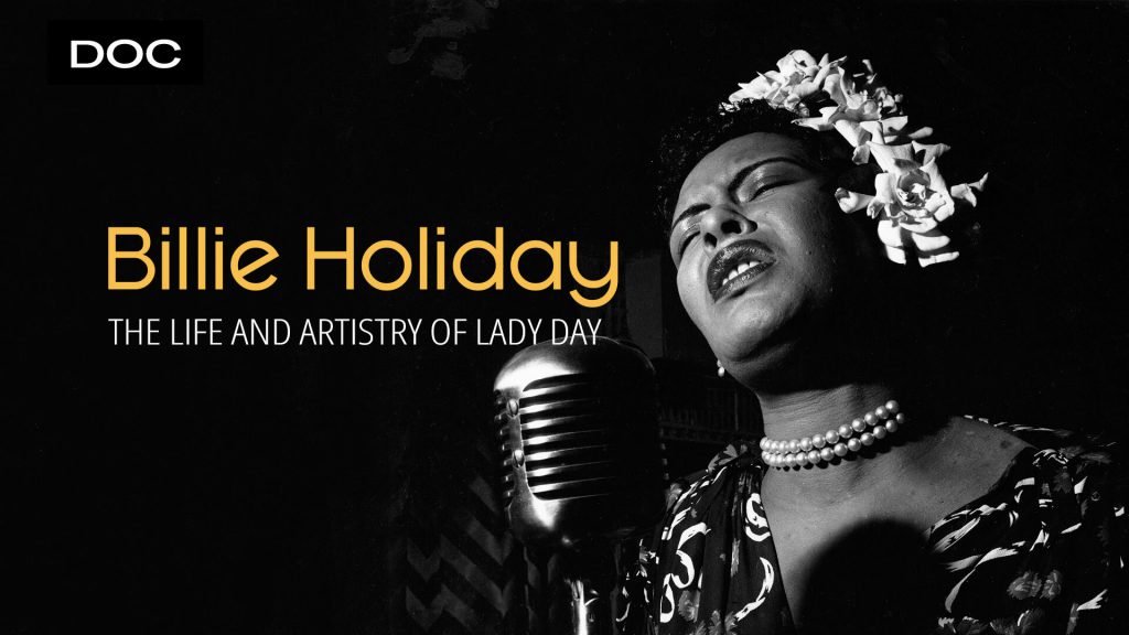 Black & white photo of Billie Holiday singing