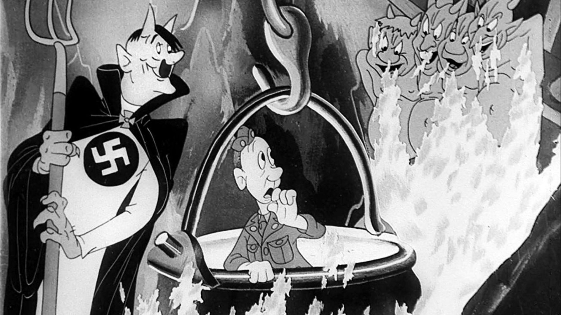 A cartoon scene of a soldier trapped in a pot while a devil figure with a swastika on his chest looks on at him.