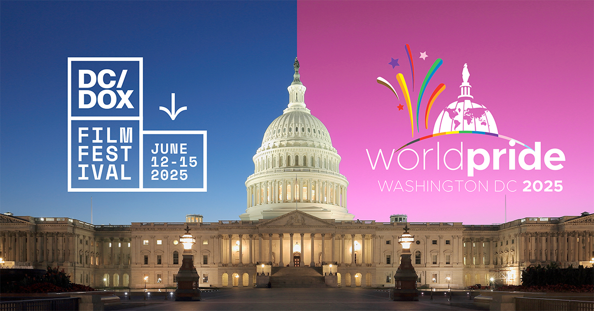 Photo of the US Capitol building in between the logos of the DC/DOX film festival and WorldPride 2025.