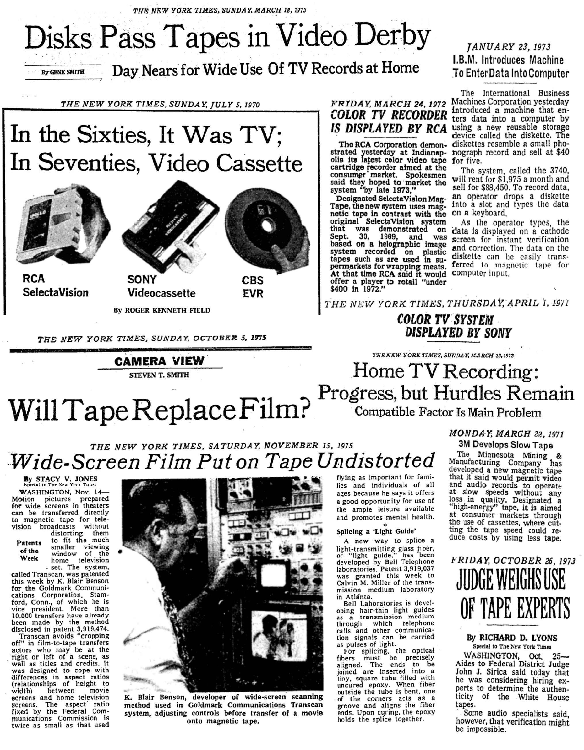 A collage of New York Times headlines from the 1970s regarding magnetic tape.