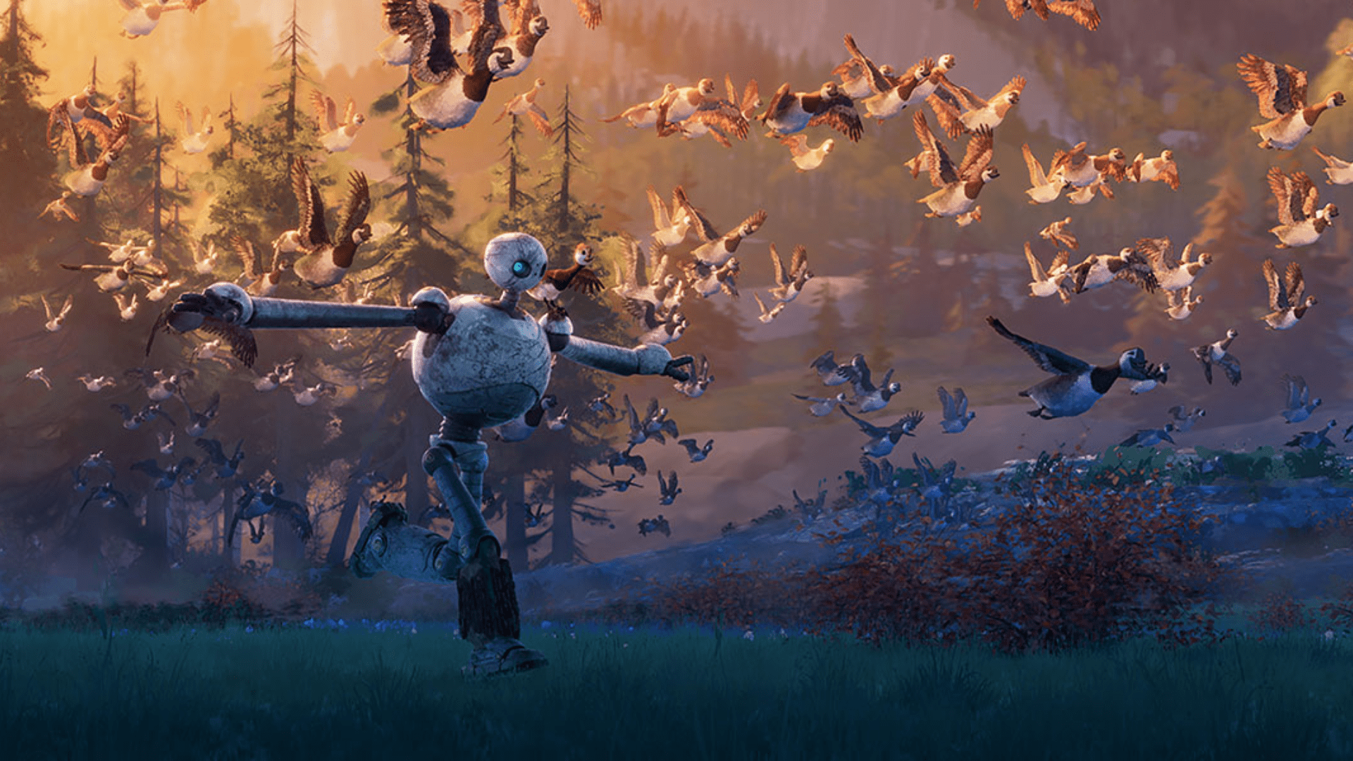 An animated scene of a robot sticking its arms out, mirroring the group of birds flying around it.
