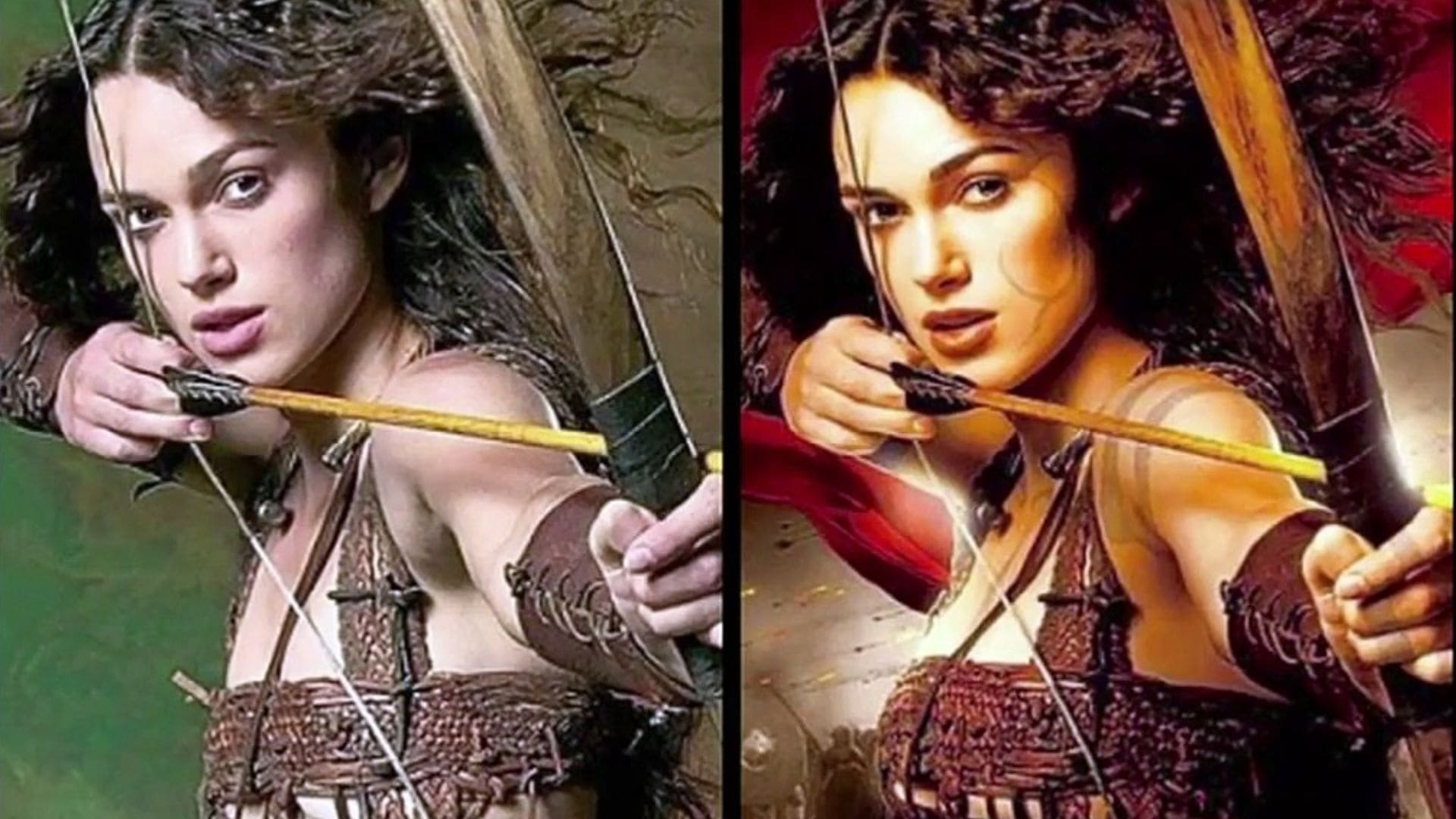 A side-by-side comparison of an unedited image of a woman pulling a crossbow, and a photoshopped version.
