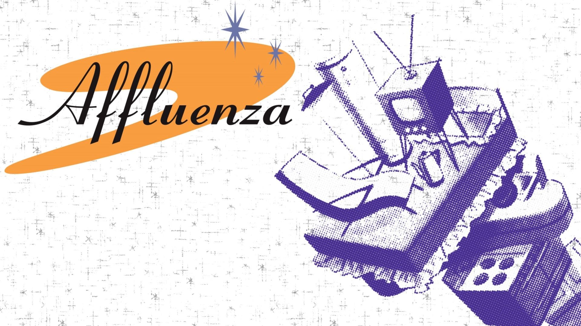 A title card reads: Affluenza. To the right, a stack of household items against a white backdrop.