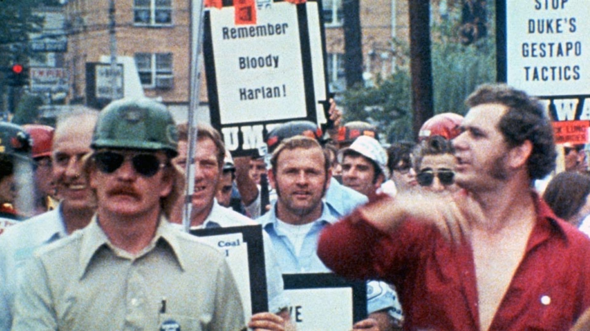 A crowd of protestors hold signs with black lettering.