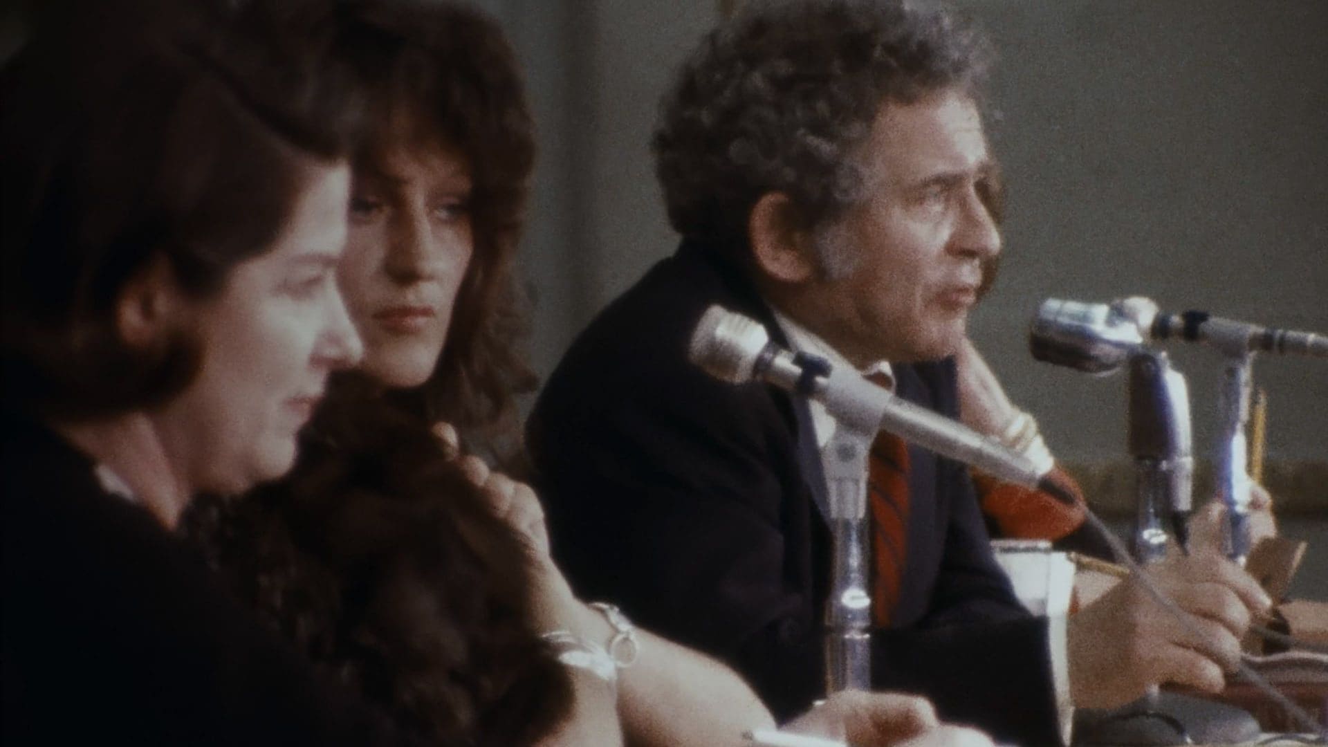 A panel of speakers sit before microphones.