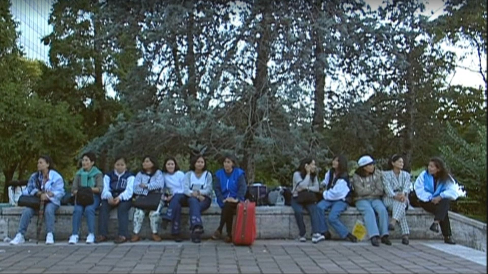 A group of women stand side-by-side on the ledge of a half wall.