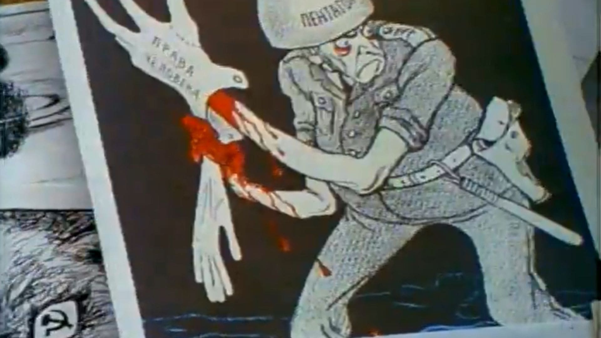 A political comic shows a soldier putting on gloves with blood running down his arm.