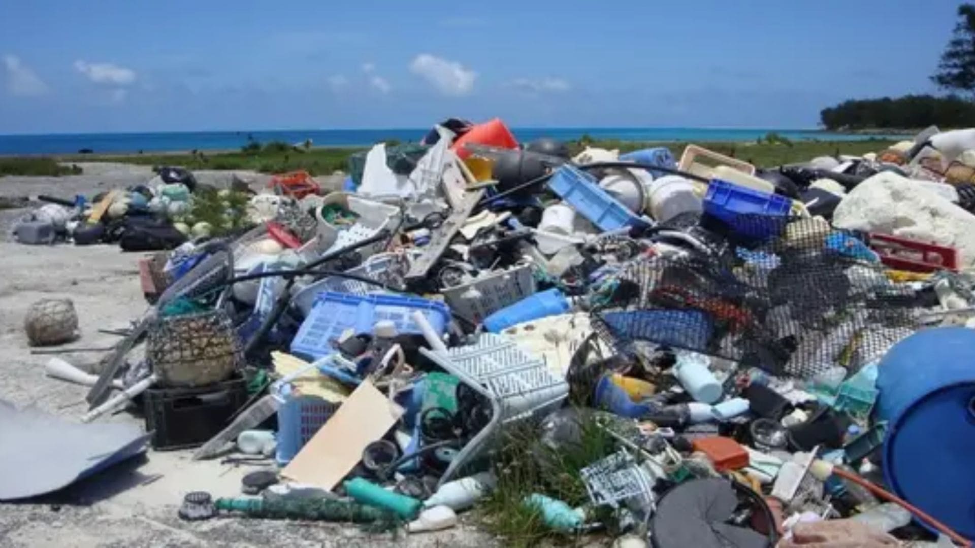 A pile of plastic waste near a body of water.