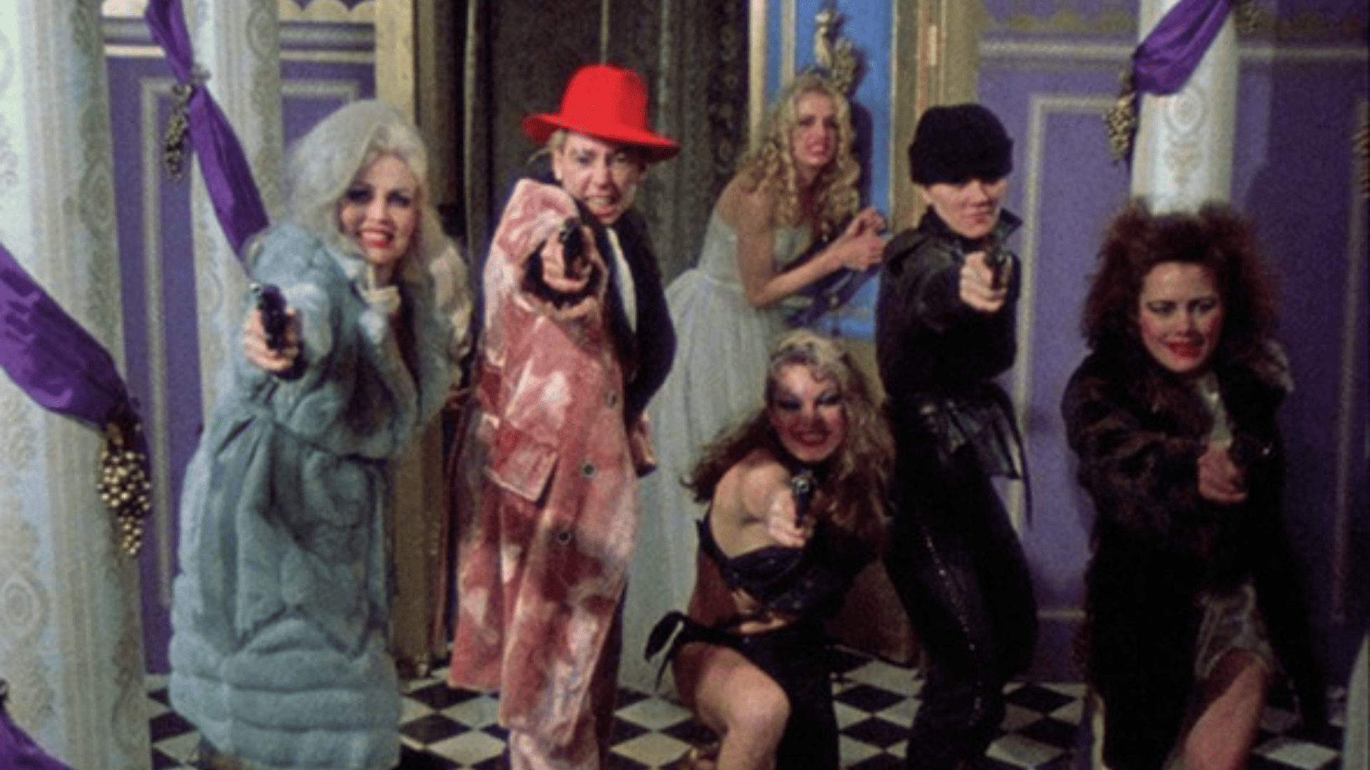 Five unusually dressed individuals point their guns toward the camera, while a woman hides in the back of the room.